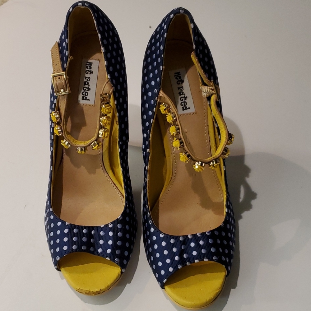 Blue Polka Dot Mary Jane with Yellow Flower Straps